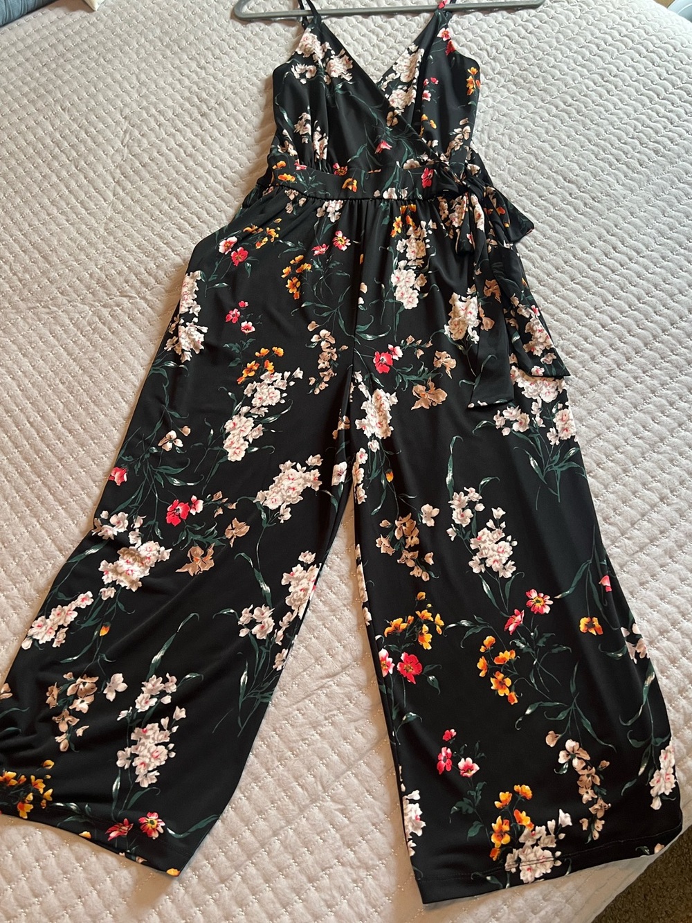 Kaileigh Black Floral Wrap Jumpsuit with Wide Legs